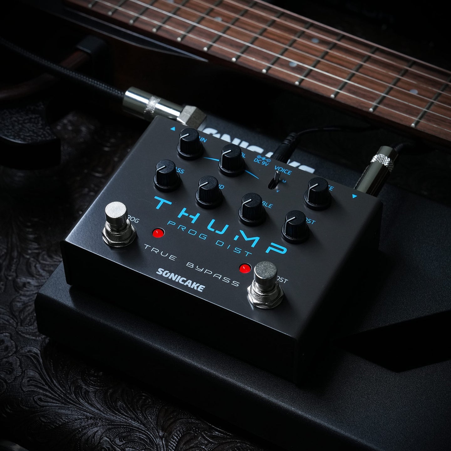 THUMP high-gain distortion pedal in use
